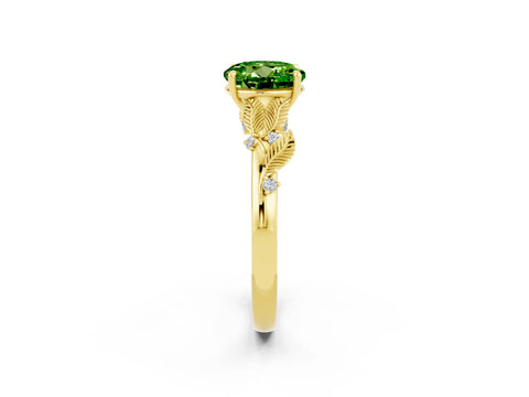 Yellow gold Round Cut Peridot Solitaire Ring with Leaf Motif Band and Four-Prong Setting_2