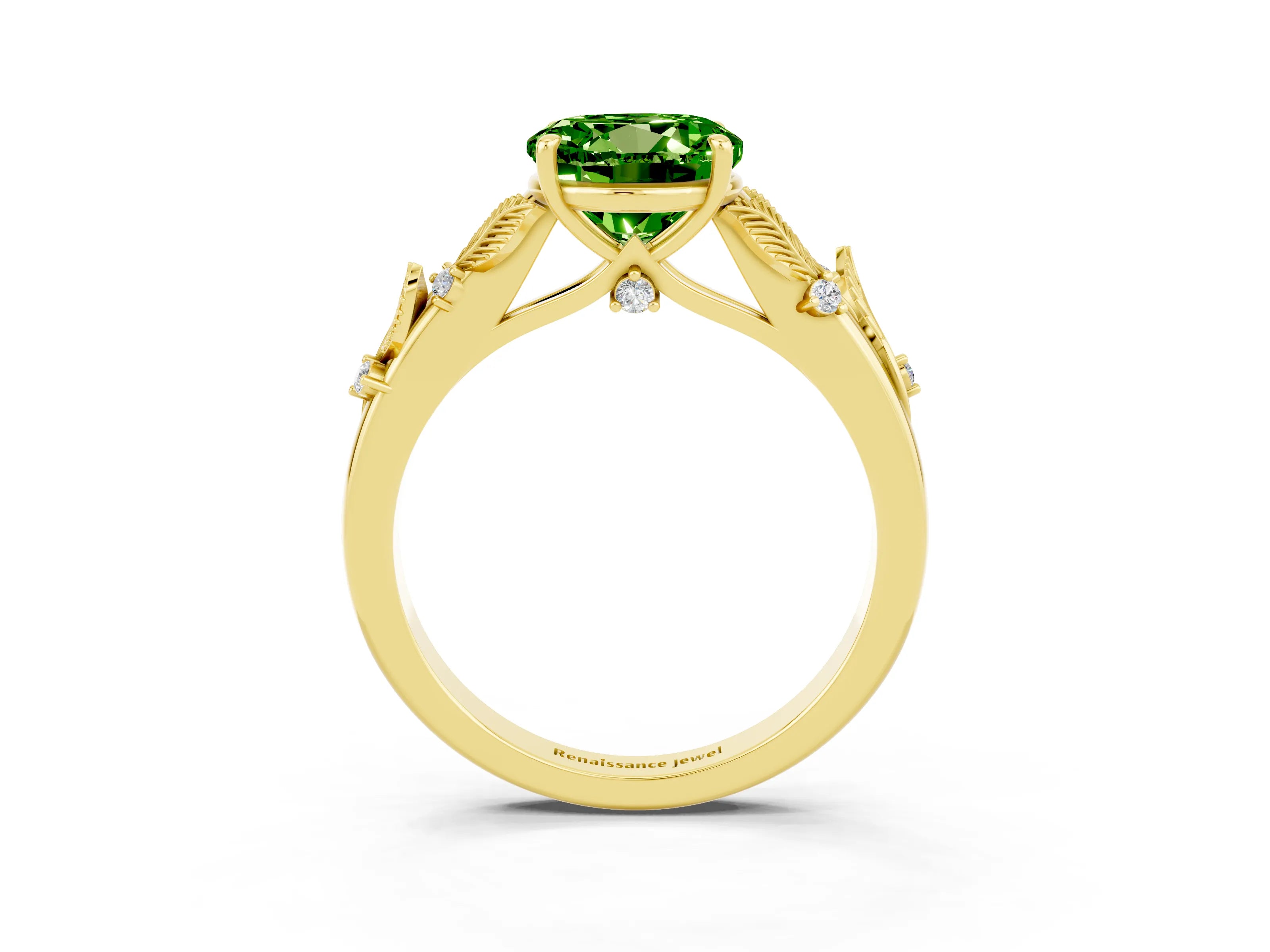Yellow gold Round Cut Peridot Solitaire Ring with Leaf Motif Band and Four-Prong Setting_3
