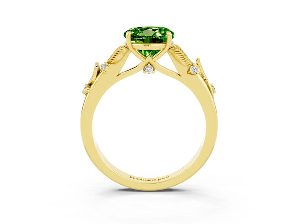 Yellow gold Round Cut Peridot Solitaire Ring with Leaf Motif Band and Four-Prong Setting