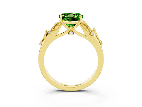 Yellow gold Round Cut Peridot Solitaire Ring with Leaf Motif Band and Four-Prong Setting_3