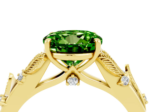 Yellow gold Round Cut Peridot Solitaire Ring with Leaf Motif Band and Four-Prong Setting_4
