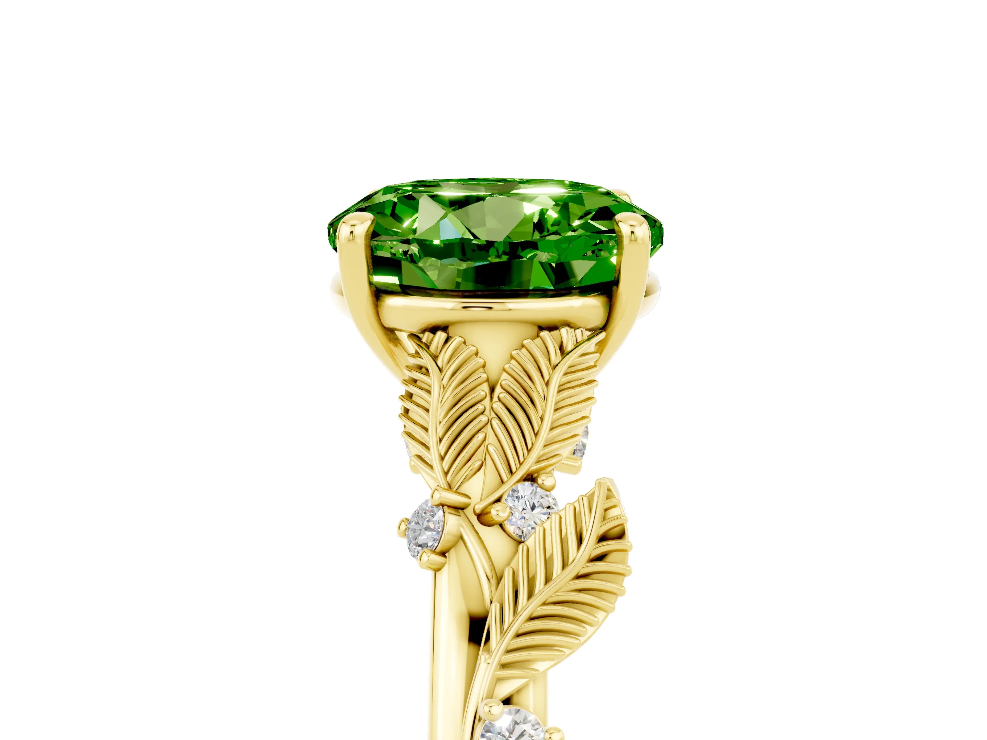 Yellow gold Round Cut Peridot Solitaire Ring with Leaf Motif Band and Four-Prong Setting_5