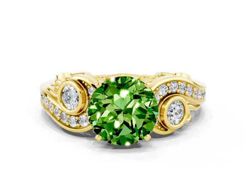 Yellow gold Round Cut Peridot Solitaire Ring with Milgrain Pavé Band and Four-Prong Setting_35