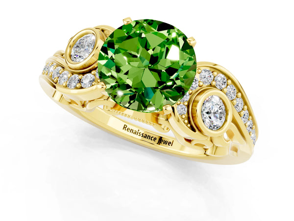 Yellow gold Round Cut Peridot Solitaire Ring with Milgrain Pavé Band and Four-Prong Setting
