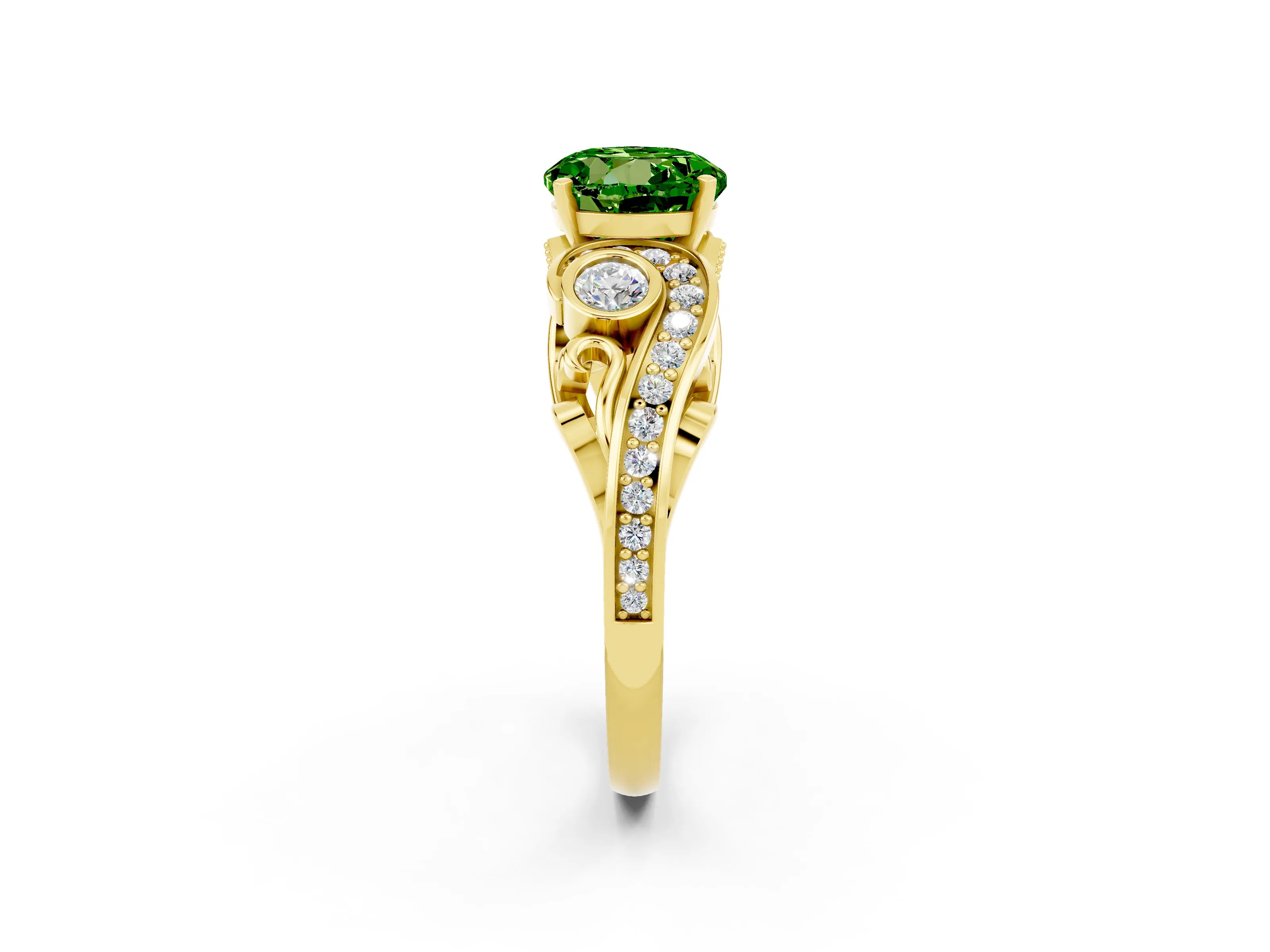 Yellow gold Round Cut Peridot Solitaire Ring with Milgrain Pavé Band and Four-Prong Setting_37