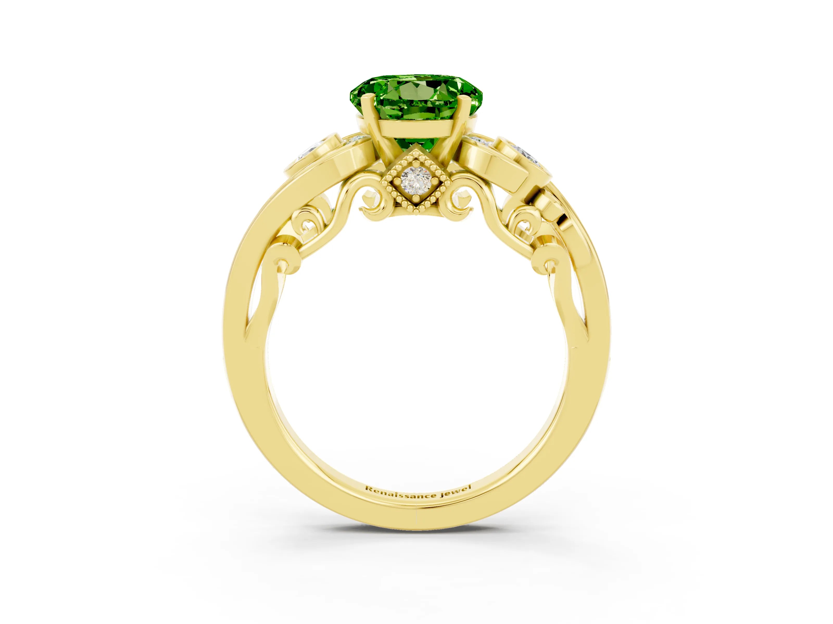 Yellow gold Round Cut Peridot Solitaire Ring with Milgrain Pavé Band and Four-Prong Setting_38
