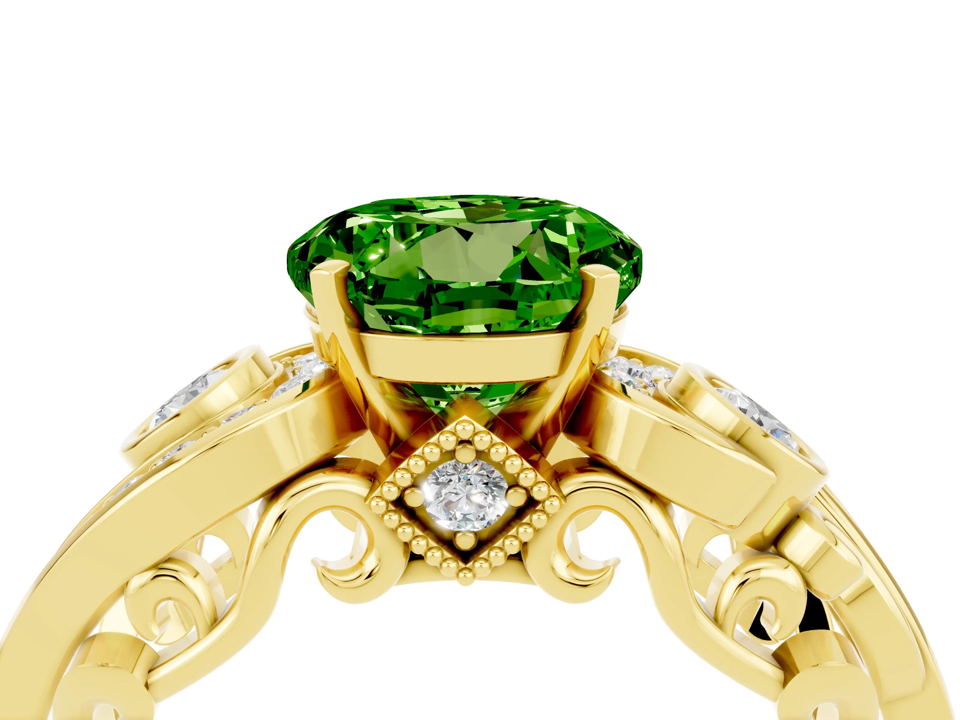Yellow gold Round Cut Peridot Solitaire Ring with Milgrain Pavé Band and Four-Prong Setting_39