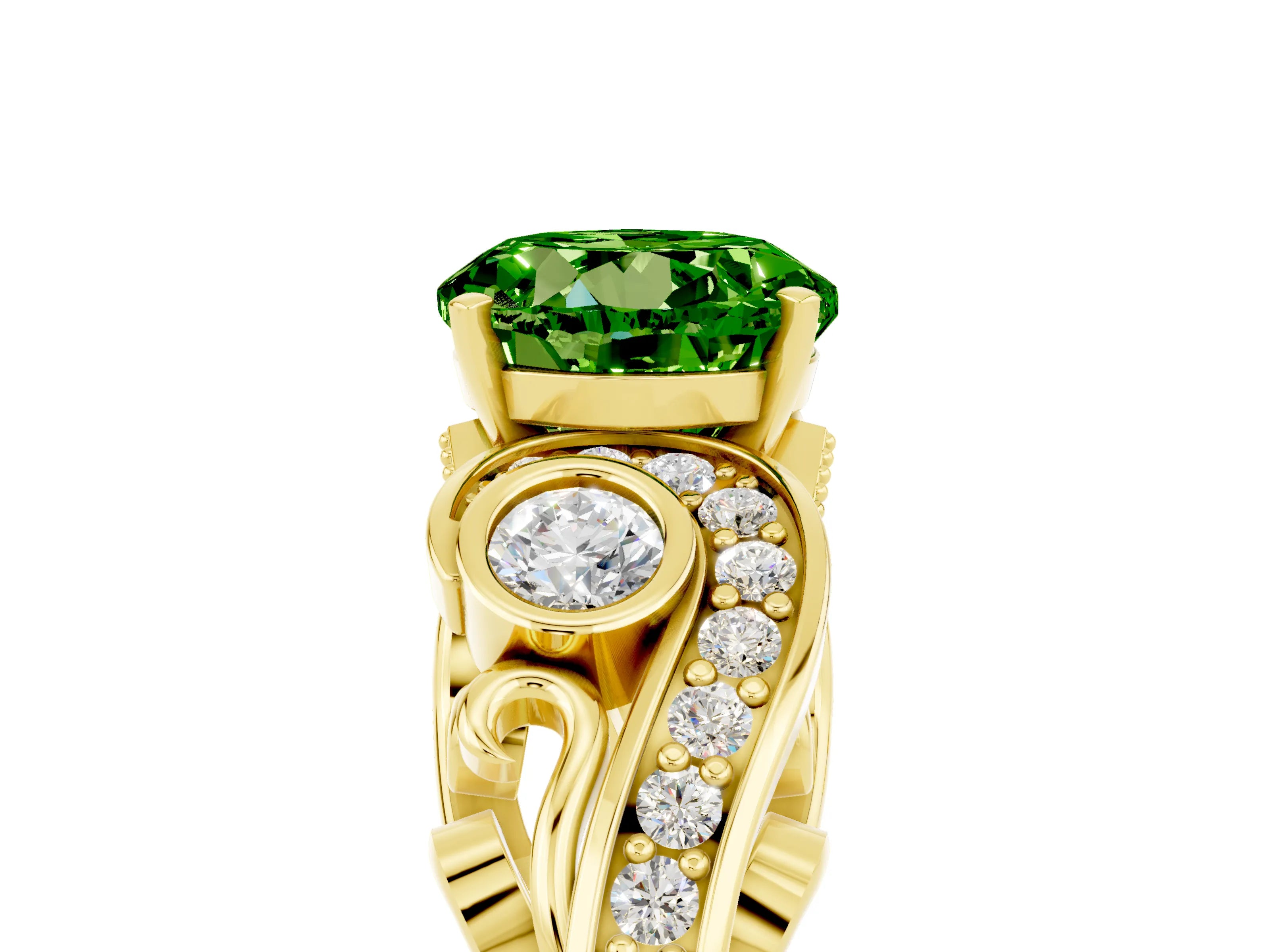 Yellow gold Round Cut Peridot Solitaire Ring with Milgrain Pavé Band and Four-Prong Setting_40