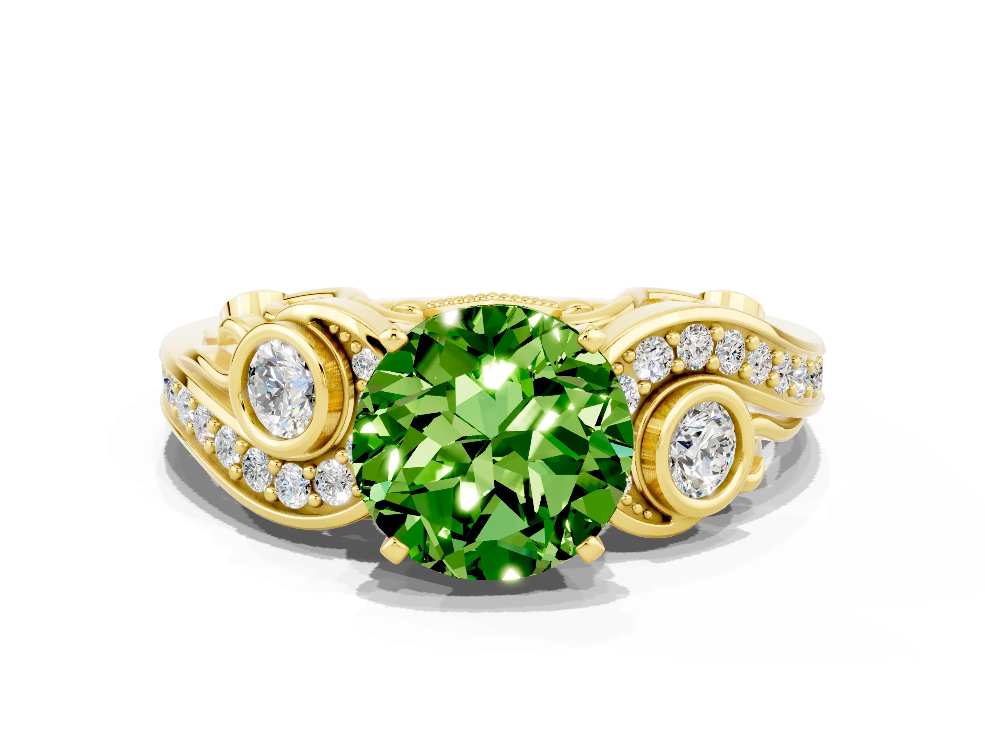 Yellow gold Round Cut Peridot Solitaire Ring with Milgrain Pavé Band and Four-Prong Setting_47