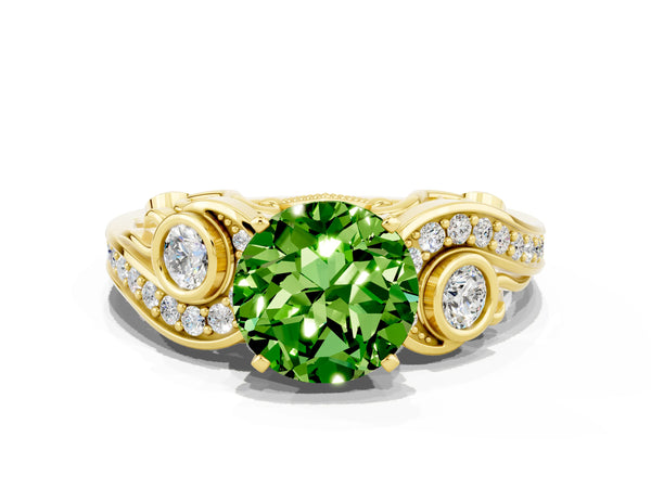 Yellow gold Round Cut Peridot Solitaire Ring with Milgrain Pavé Band and Four-Prong Setting