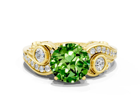 Yellow gold Round Cut Peridot Solitaire Ring with Milgrain Pavé Band and Four-Prong Setting_47