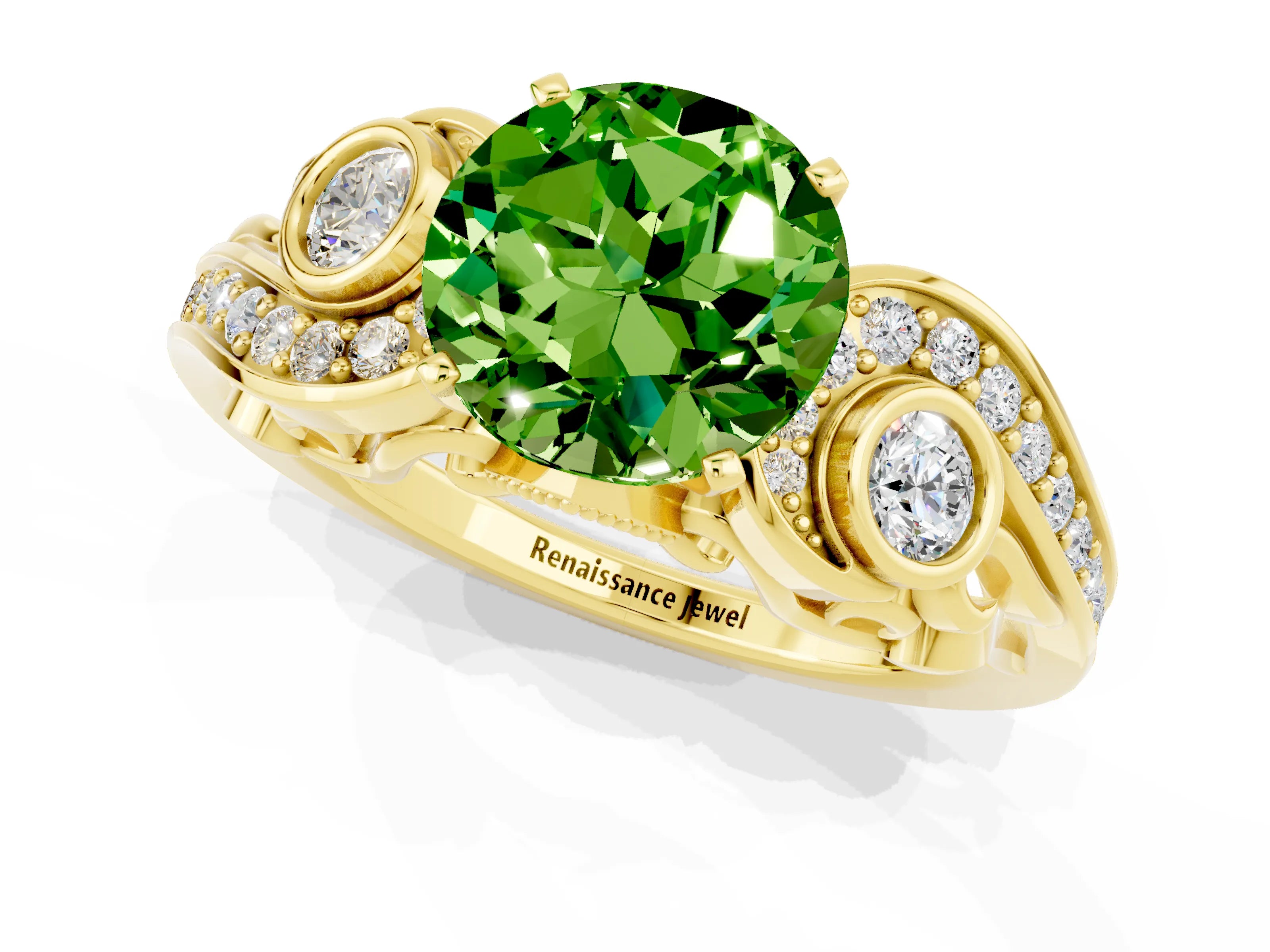 Yellow gold Round Cut Peridot Solitaire Ring with Milgrain Pavé Band and Four-Prong Setting_48