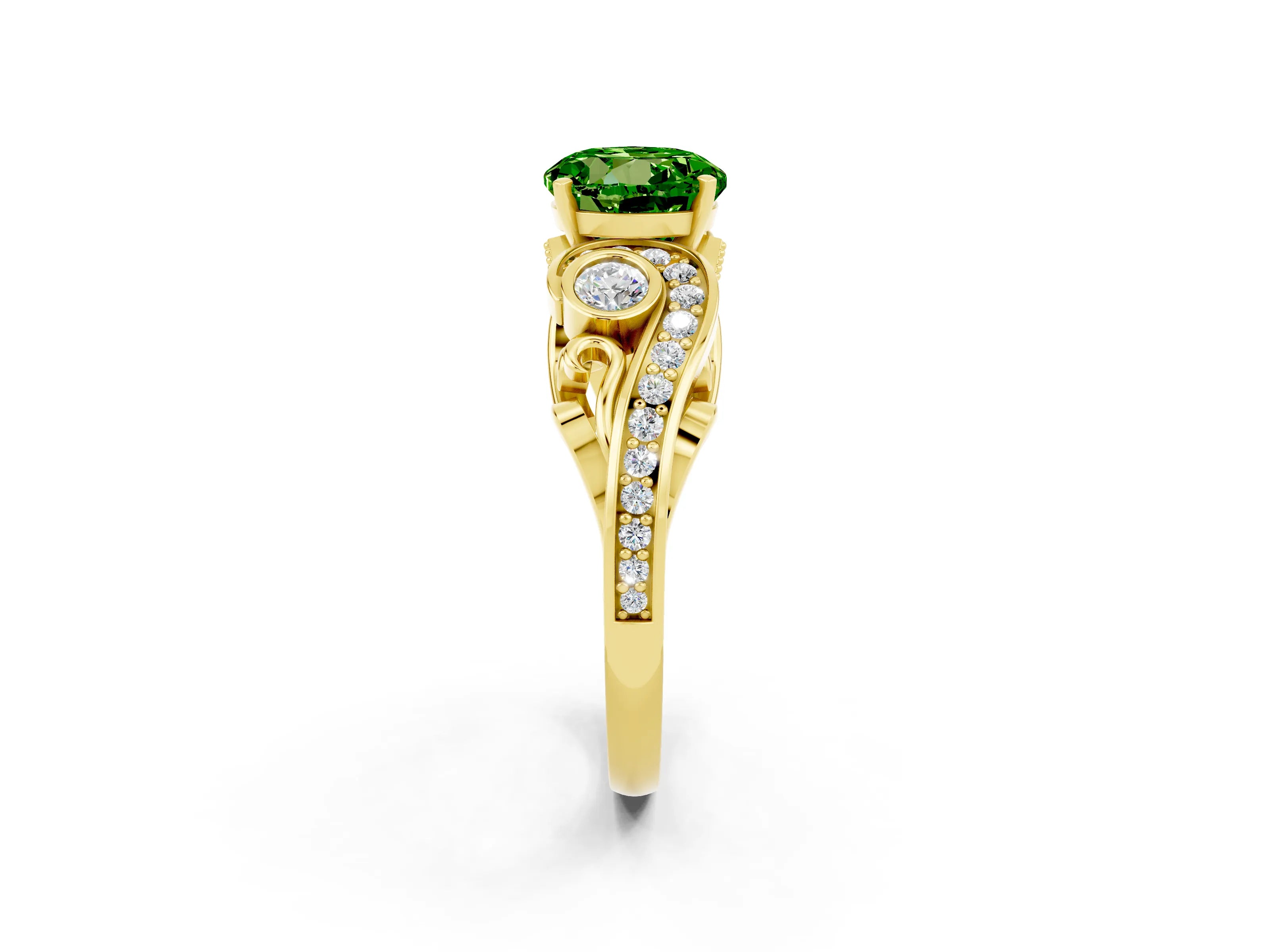 Yellow gold Round Cut Peridot Solitaire Ring with Milgrain Pavé Band and Four-Prong Setting_49