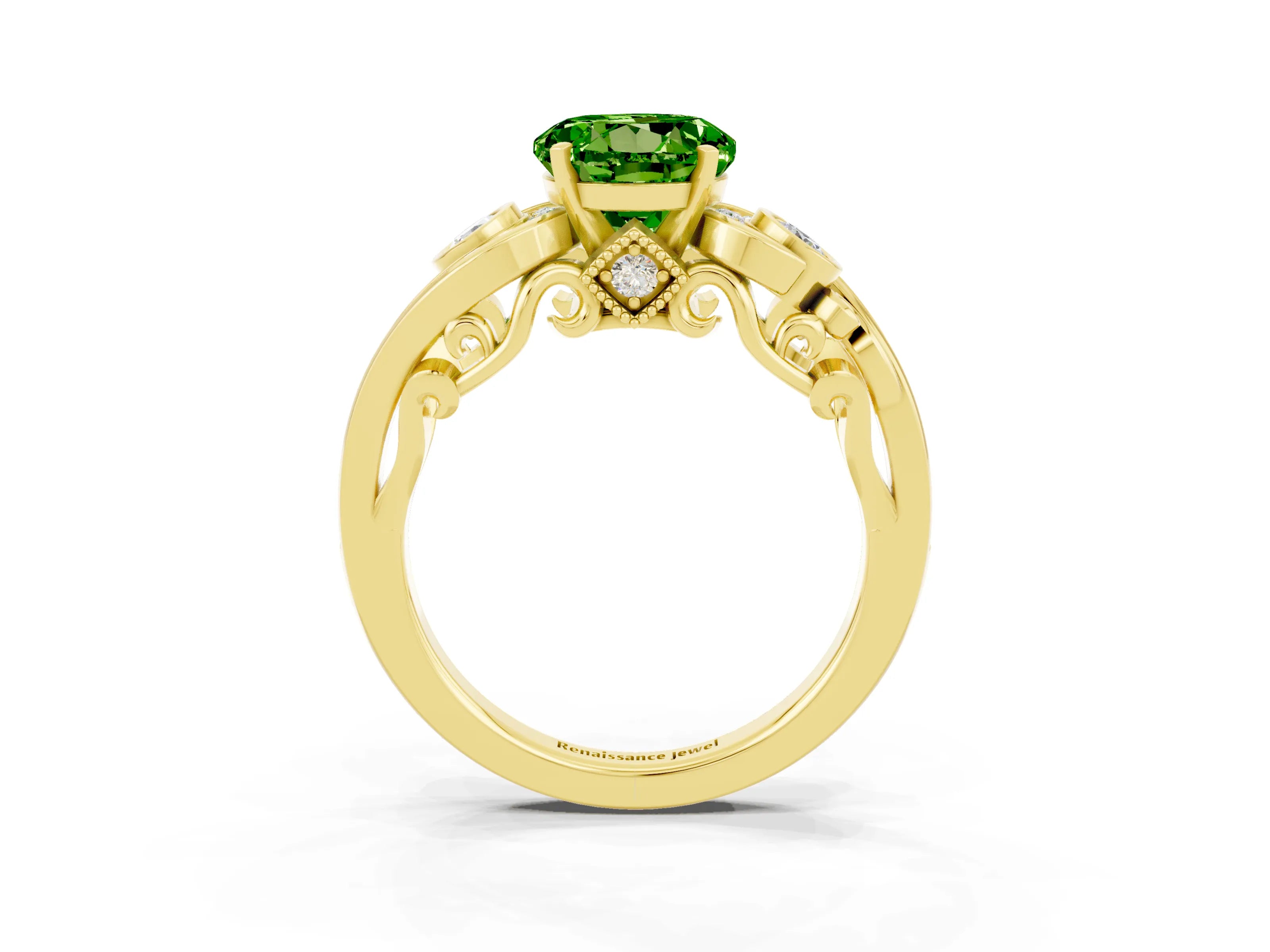 Yellow gold Round Cut Peridot Solitaire Ring with Milgrain Pavé Band and Four-Prong Setting_50