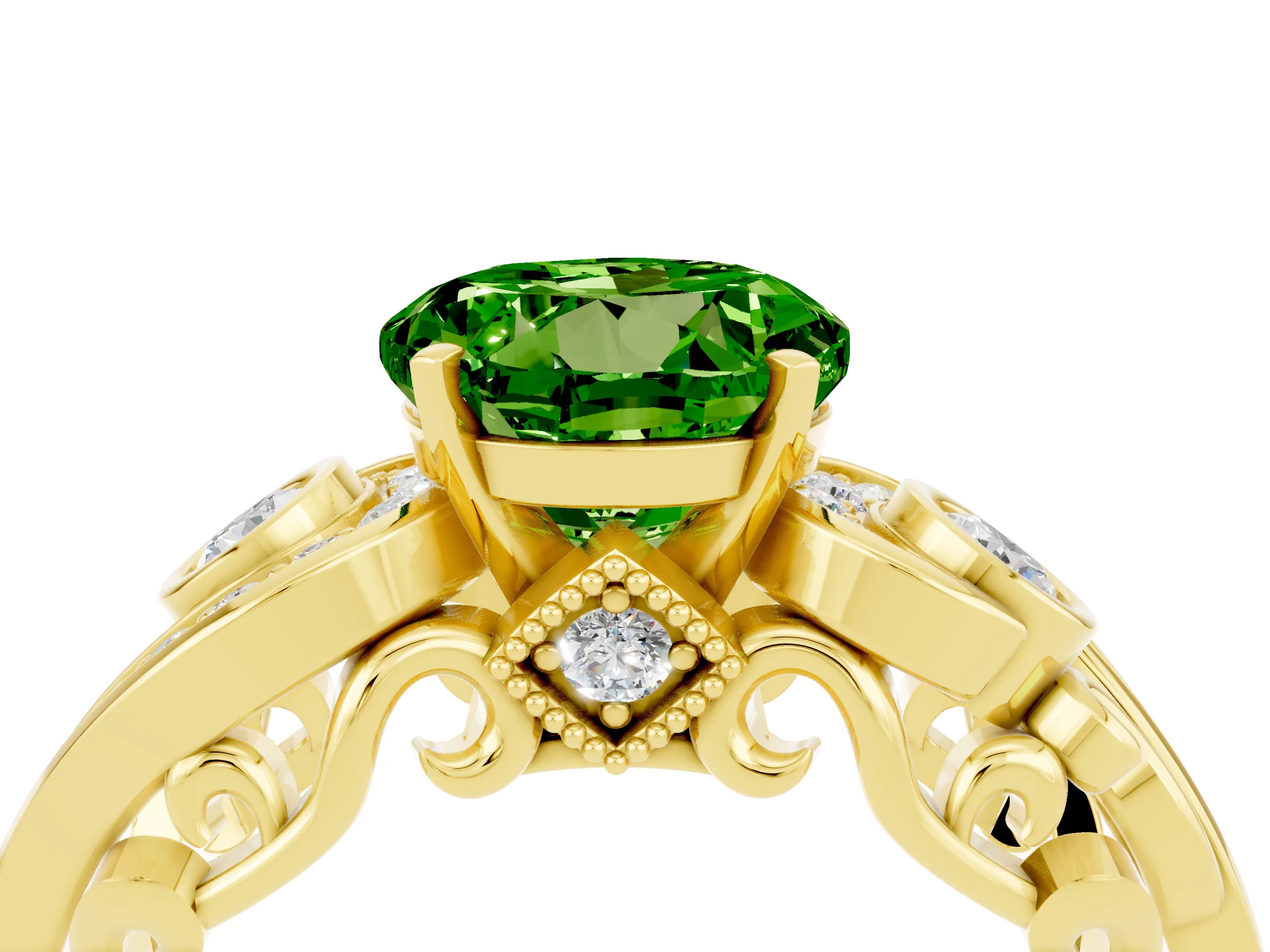 Yellow gold Round Cut Peridot Solitaire Ring with Milgrain Pavé Band and Four-Prong Setting_51