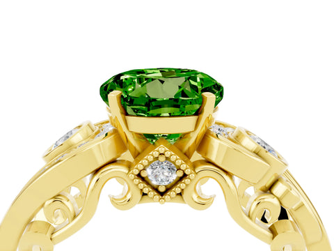 Yellow gold Round Cut Peridot Solitaire Ring with Milgrain Pavé Band and Four-Prong Setting_51