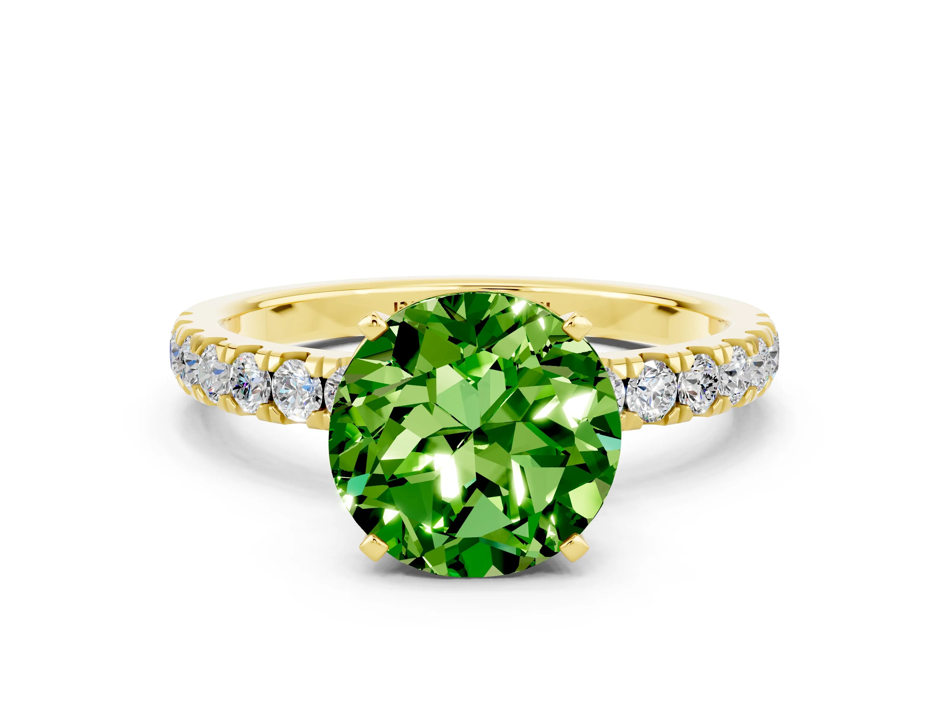 Yellow gold Round Cut Peridot Solitaire Ring with Pavé Accents and Four-Prong Setting