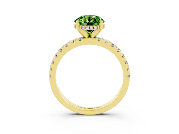 Yellow gold Round Cut Peridot Solitaire Ring with Round  Pavé Band and Four-Prong Setting