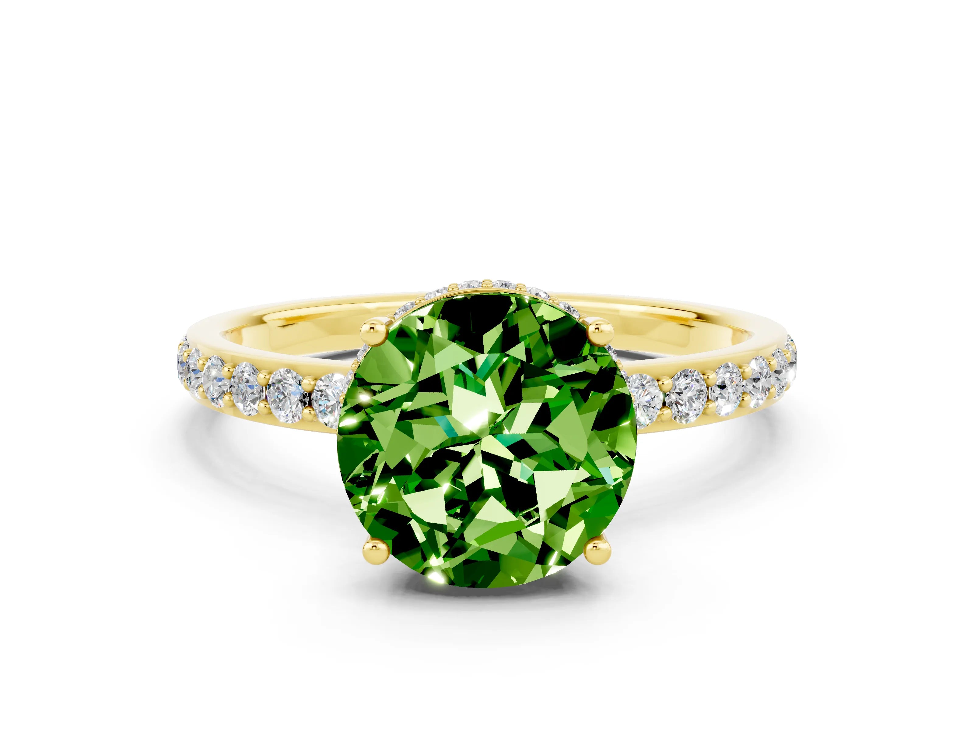 Yellow gold Round Cut Peridot Solitaire Ring with Pavé Band and Hidden Halo_12