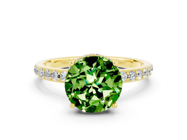 Yellow gold Round Cut Peridot Solitaire Ring with Pavé Band and Hidden Halo