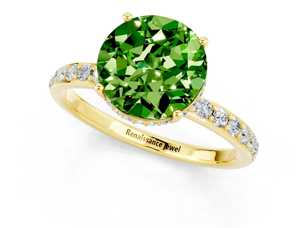 Yellow gold Round Cut Peridot Solitaire Ring with Pavé Band and Hidden Halo