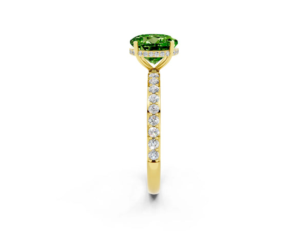Yellow gold Round Cut Peridot Solitaire Ring with Pavé Band and Hidden Halo