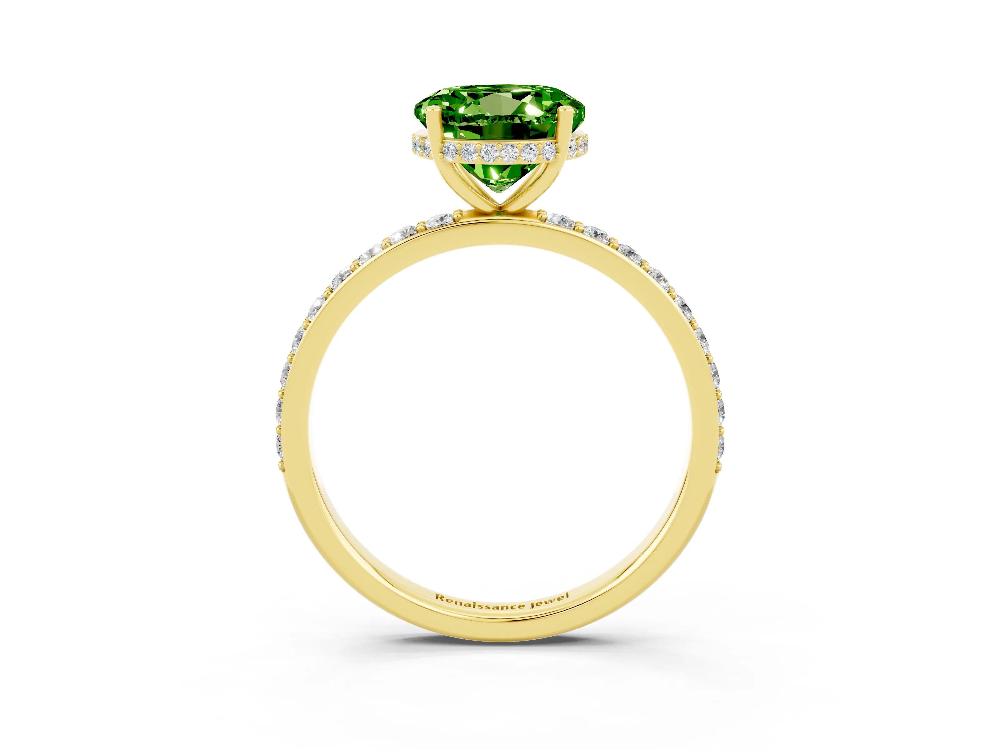 Yellow gold Round Cut Peridot Solitaire Ring with Pavé Band and Hidden Halo_15