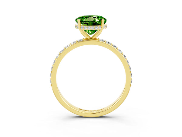 Yellow gold Round Cut Peridot Solitaire Ring with Pavé Band and Hidden Halo