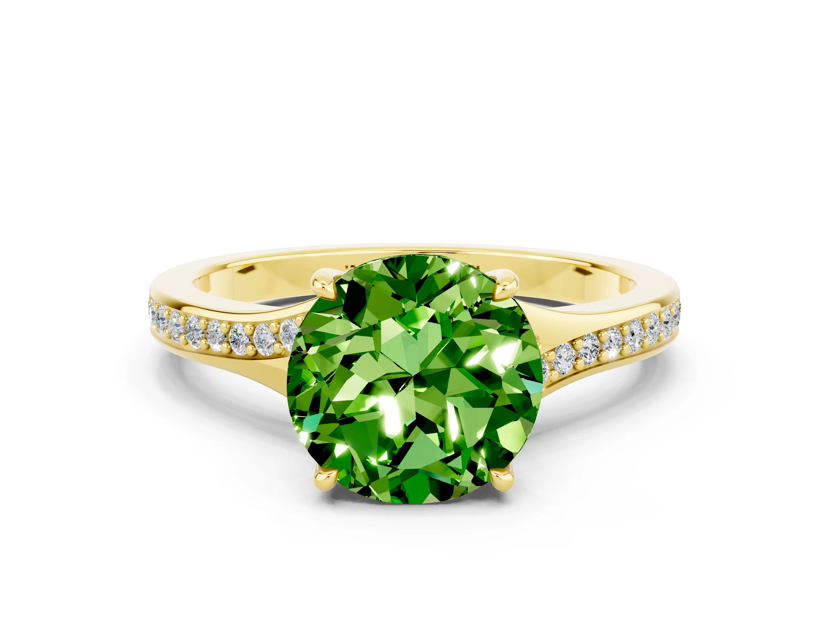 Yellow gold Round Cut Peridot Solitaire Ring with Pavé Band and Prong Setting