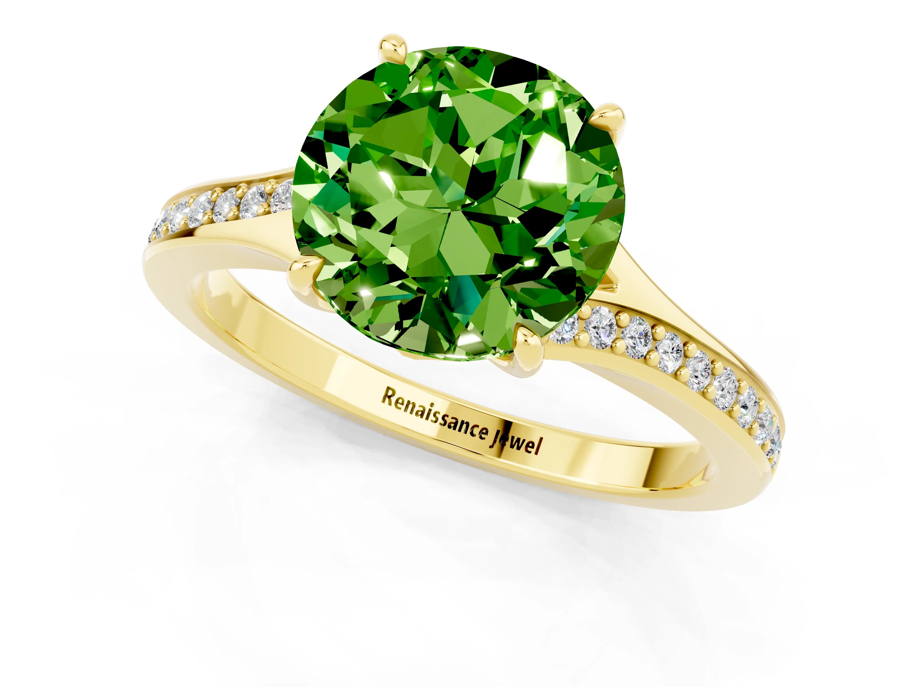 Yellow gold Round Cut Peridot Solitaire Ring with Pavé Band and Prong Setting_13