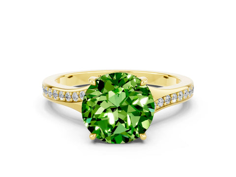 Yellow gold Round Cut Peridot Solitaire Ring with Pavé Band and Prong Setting