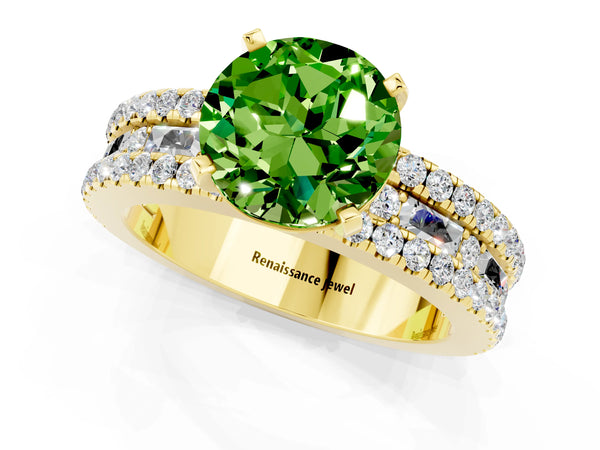 Yellow gold Round Cut Peridot Solitaire Ring with Pavé and Channel Set Band