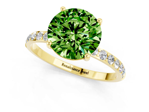 Yellow gold Round Cut Peridot Solitaire Ring with Round  Pavé Band and Prong Setting