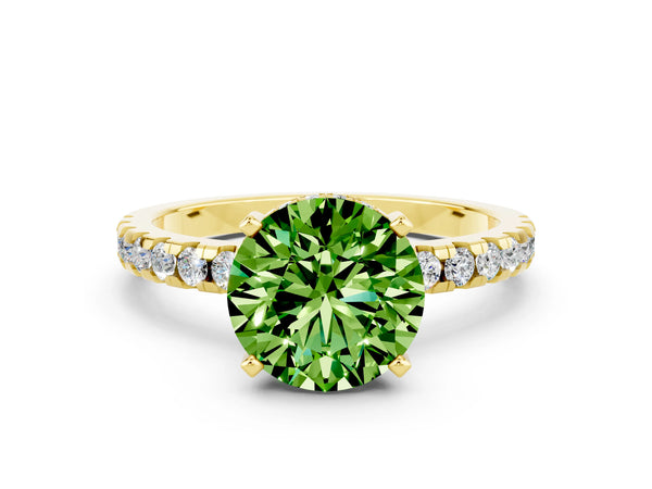 Yellow gold Round Cut Peridot Solitaire Ring with Round  Pavé Band and Four-Prong Setting