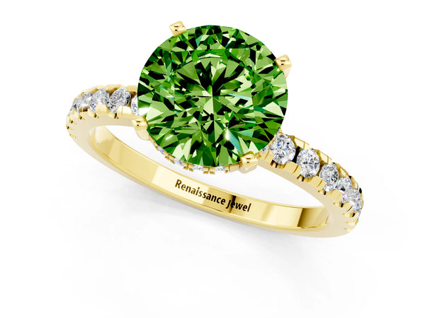 Yellow gold Round Cut Peridot Solitaire Ring with Round  Pavé Band and Four-Prong Setting