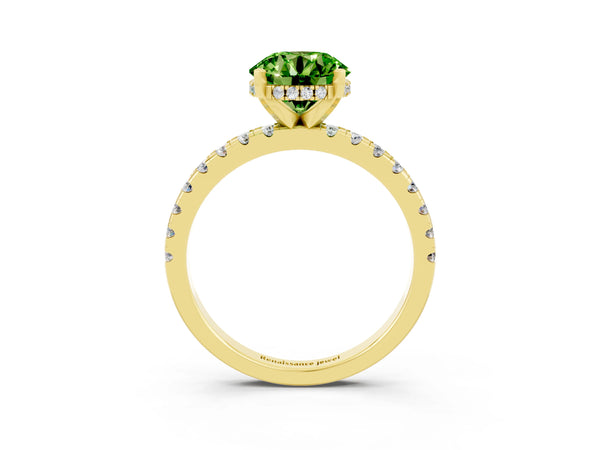 Yellow gold Round Cut Peridot Solitaire Ring with Round  Pavé Band and Four-Prong Setting