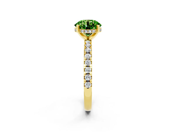 Yellow gold Round Cut Peridot Solitaire Ring with Round Pavé Band and Four-Prong Setting