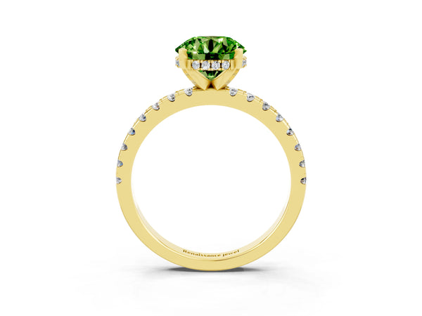 Yellow gold Round Cut Peridot Solitaire Ring with Round Pavé Band and Four-Prong Setting