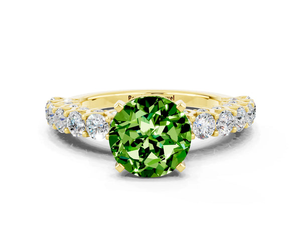 Yellow gold Round Cut Peridot Solitaire Ring with Shared Prong Pavé Band and Four-Prong Setting
