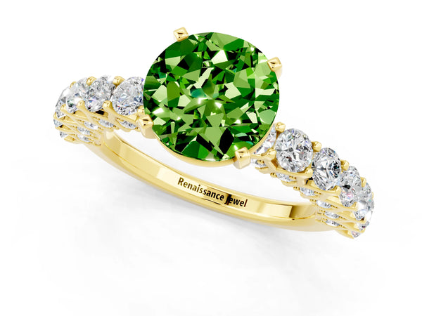 Yellow gold Round Cut Peridot Solitaire Ring with Shared Prong Pavé Band and Four-Prong Setting