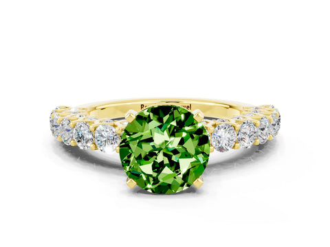 Yellow gold Round Cut Peridot Solitaire Ring with Shared Prong Pavé Band and Four-Prong Setting