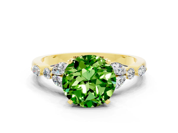 Yellow gold Round Cut Peridot Solitaire Ring with Side Stones and Four-Prong Setting