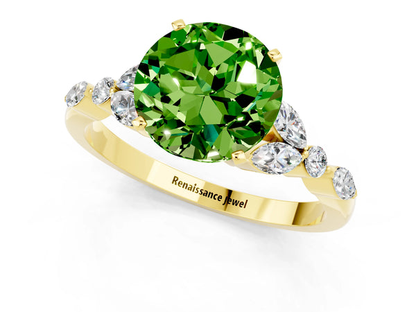 Yellow gold Round Cut Peridot Solitaire Ring with Side Stones and Four-Prong Setting