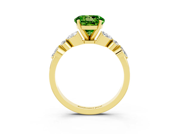 Yellow gold Round Cut Peridot Solitaire Ring with Side Stones and Four-Prong Setting