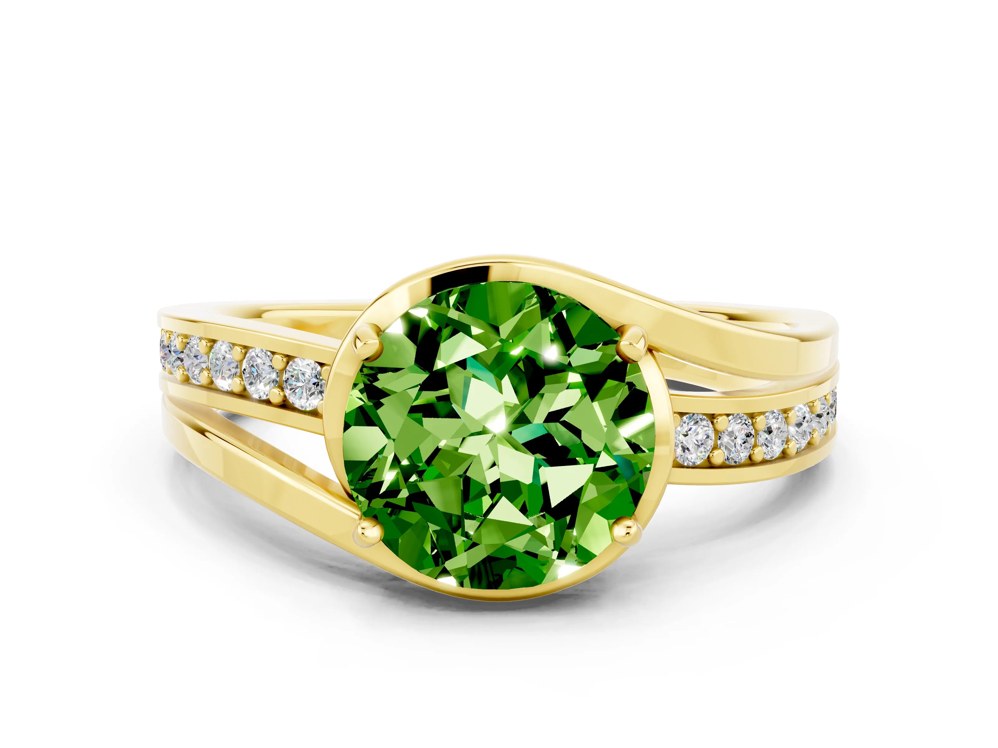 Yellow gold Round Cut Peridot Solitaire Ring with Split Shank and Prong Setting