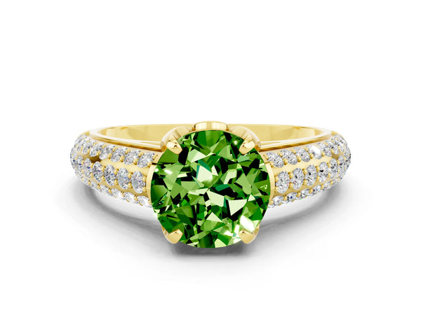 Yellow gold Round Cut Peridot Solitaire Ring with Three-Row Pavé Band and Four-Prong Setting
