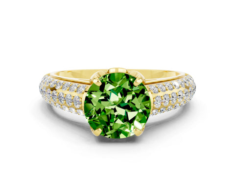 Yellow gold Round Cut Peridot Solitaire Ring with Three-Row Pavé Band and Four-Prong Setting_12