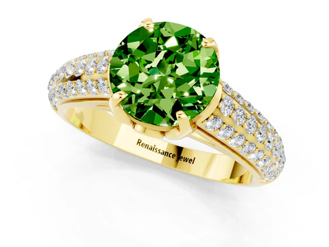 Yellow gold Round Cut Peridot Solitaire Ring with Three-Row Pavé Band and Four-Prong Setting_13