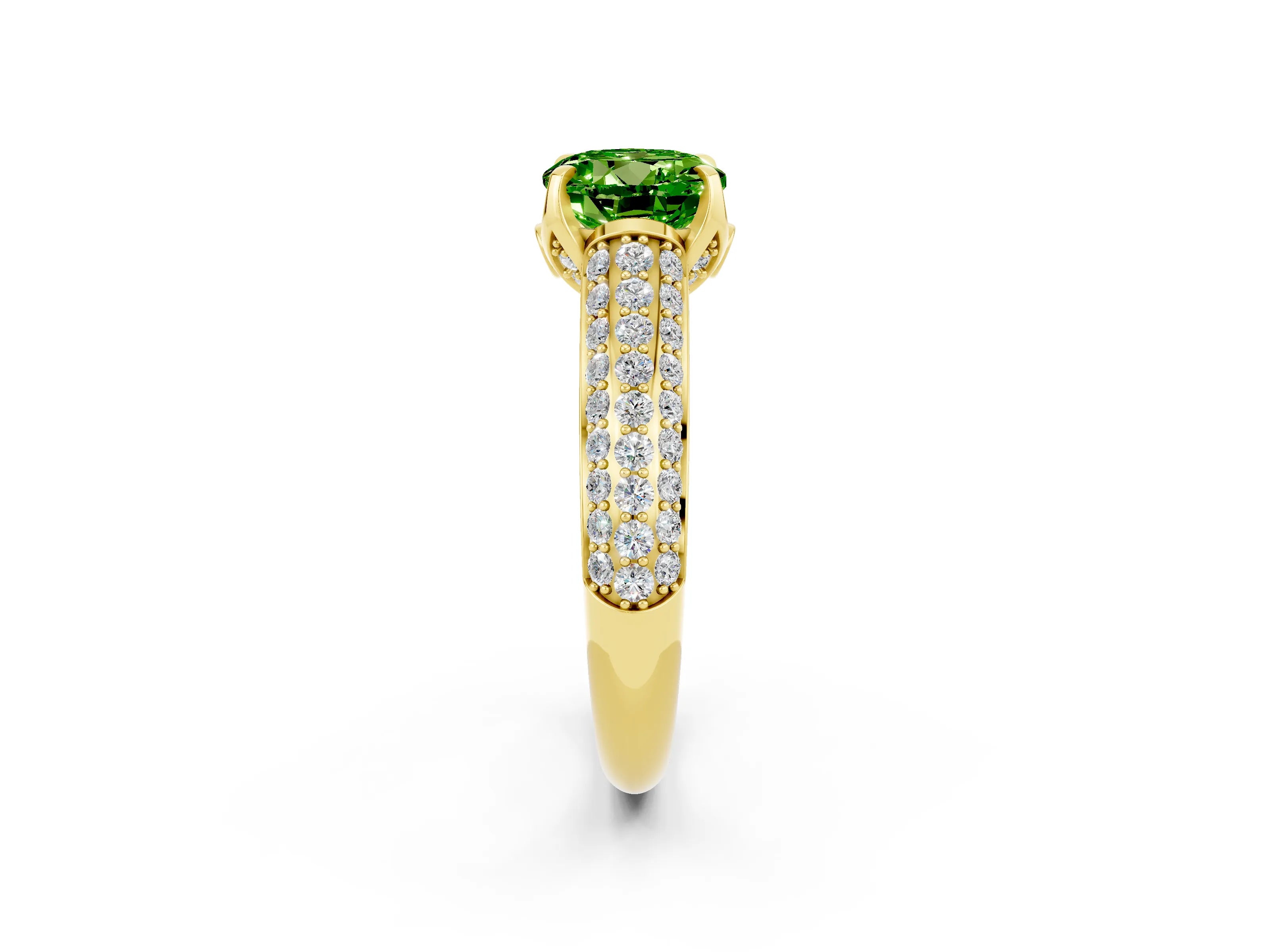 Yellow gold Round Cut Peridot Solitaire Ring with Three-Row Pavé Band and Four-Prong Setting_14