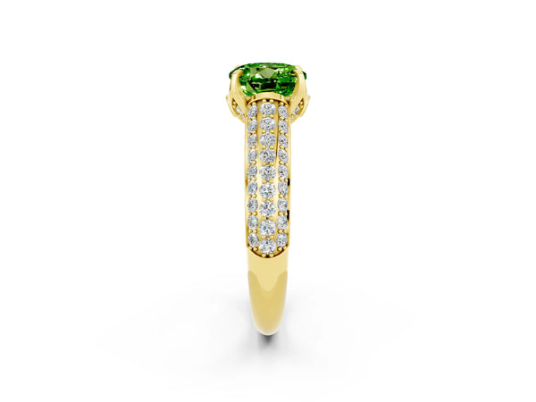 Yellow gold Round Cut Peridot Solitaire Ring with Three-Row Pavé Band and Four-Prong Setting